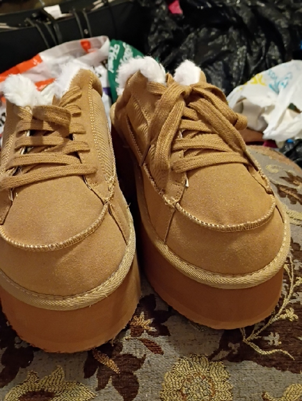 Akira Women Casual Tan Faux-Suede Lace-Up Shoes with Fur Lining